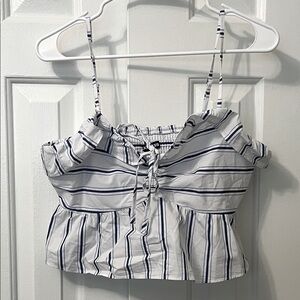 NWT Express Crop Top Tank White Blue Pinstripe Peplum Ruffled Size‎ S